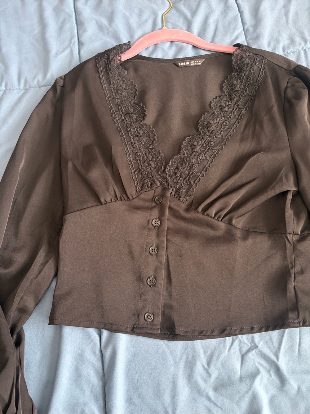 SHEIN Chocolate Black Lace-Trim Button Front Blouse